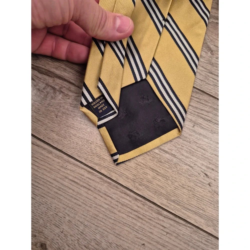 Brooks Brothers Makers Gold Navy Blue White Repp Stripe Silk Tie Woven England‎
